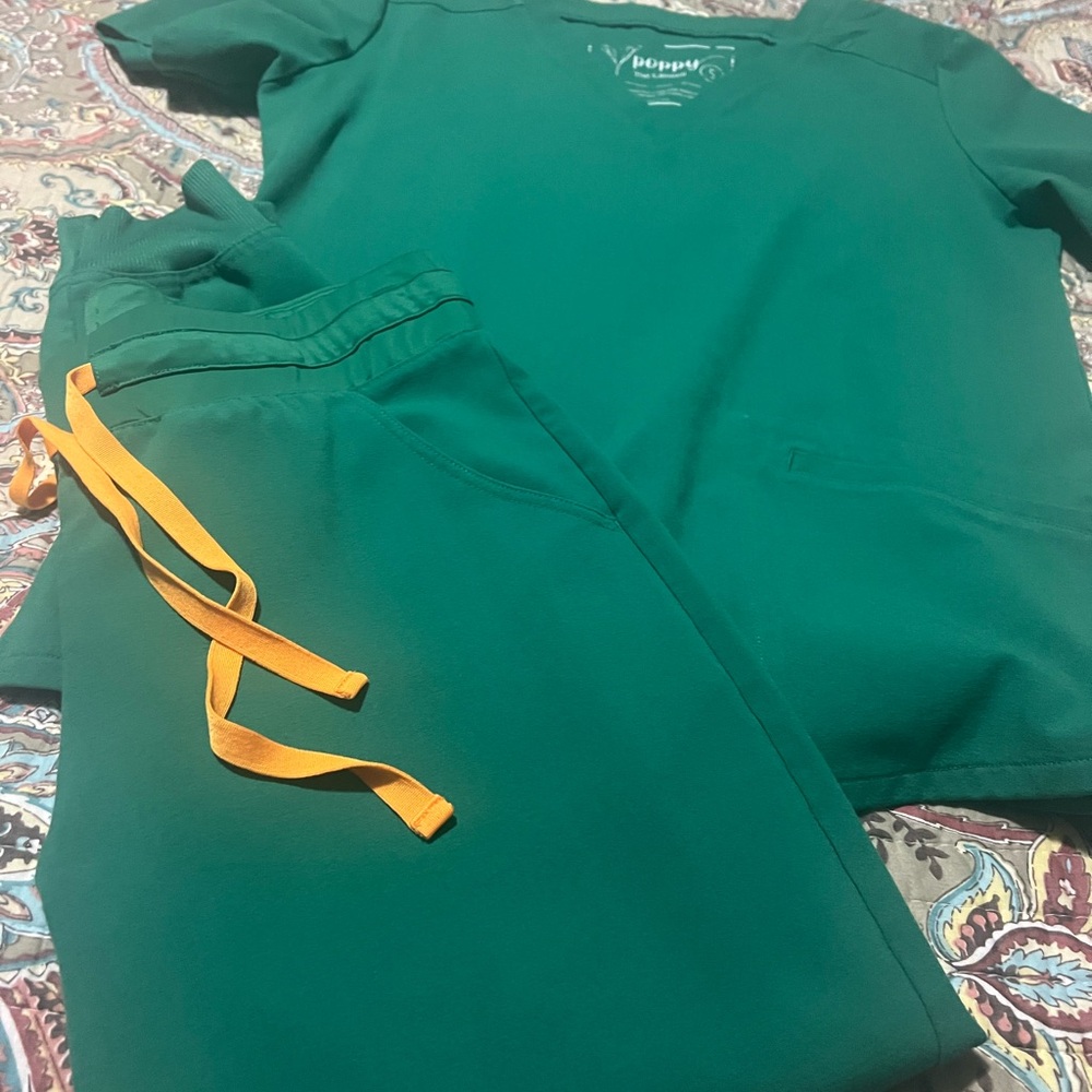 Poppy Scrubs / Green Scrub Set with Orange Drawstring